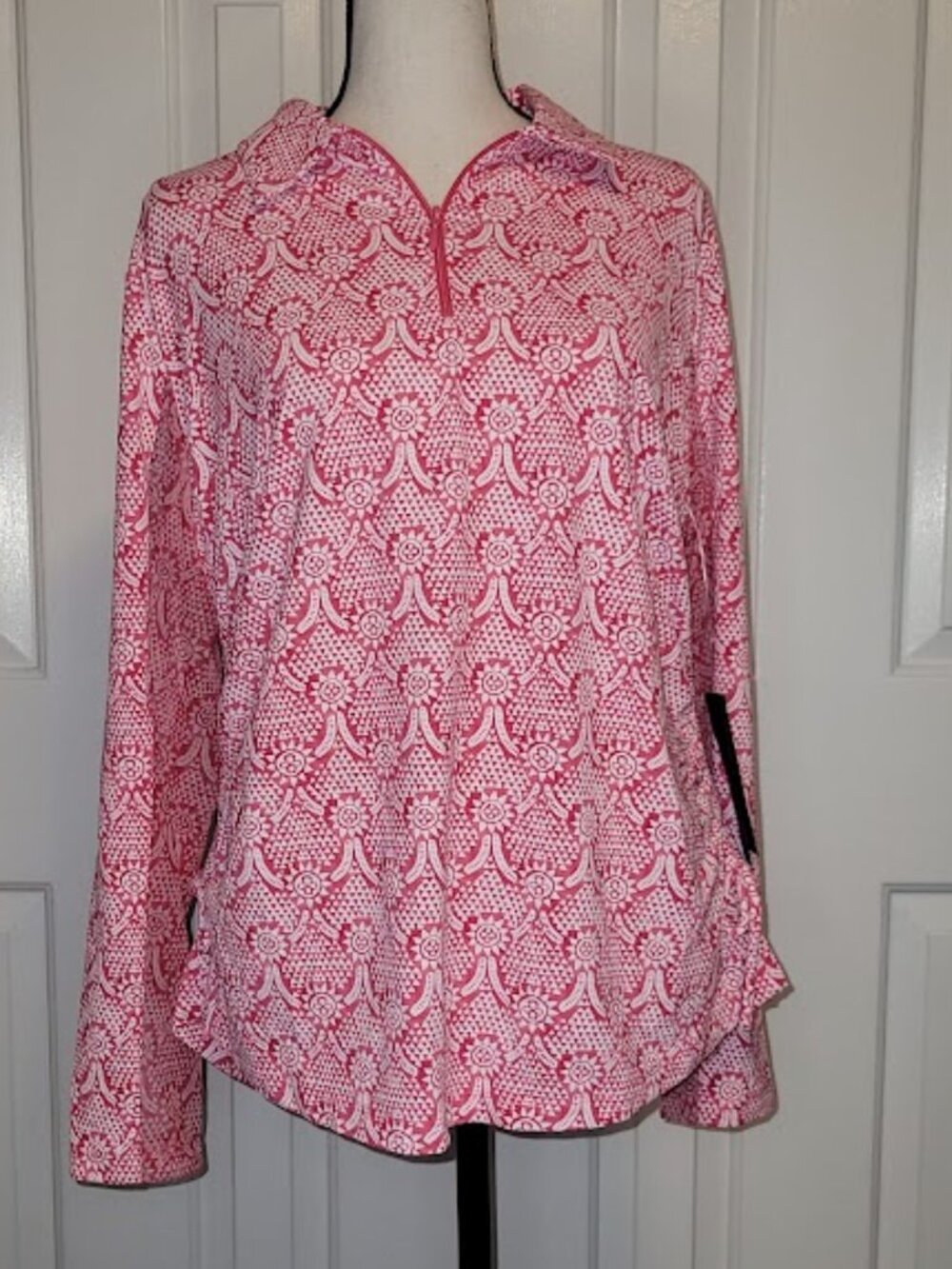 IBKUL Leslie Watermelon Pink White Print Ruched Side UPF 50+ Zip Top Size L NWT